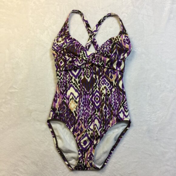 Speedo One Piece Swimsuit Size 10 Womans Purple Abstract Criss Cross Back Padded - Picture 1 of 12